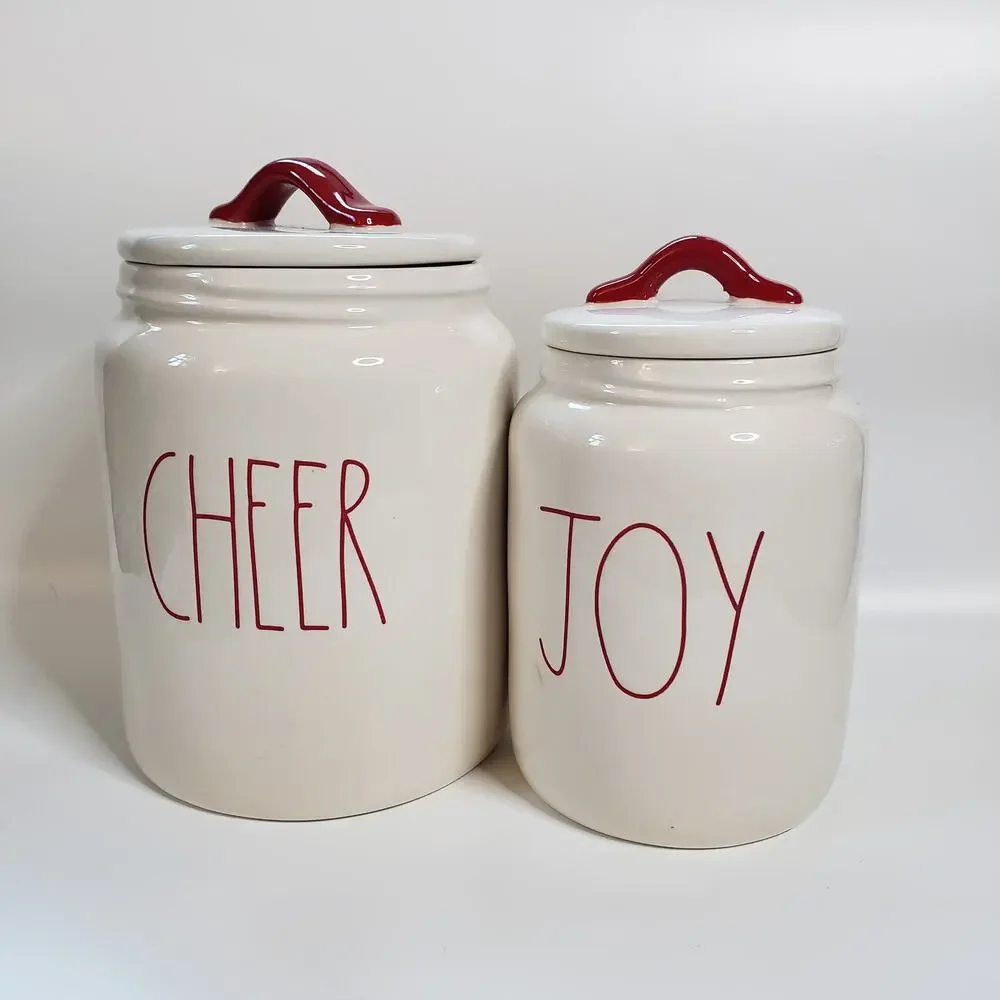 Rae Dunn NWOT Set of 2 Joy & Cheer Food Storage Kitchen Canisters Red & White